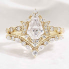 Coffin Cut Unique Moon Design Moissanite Engagement Ring Set Curved Wedding Band