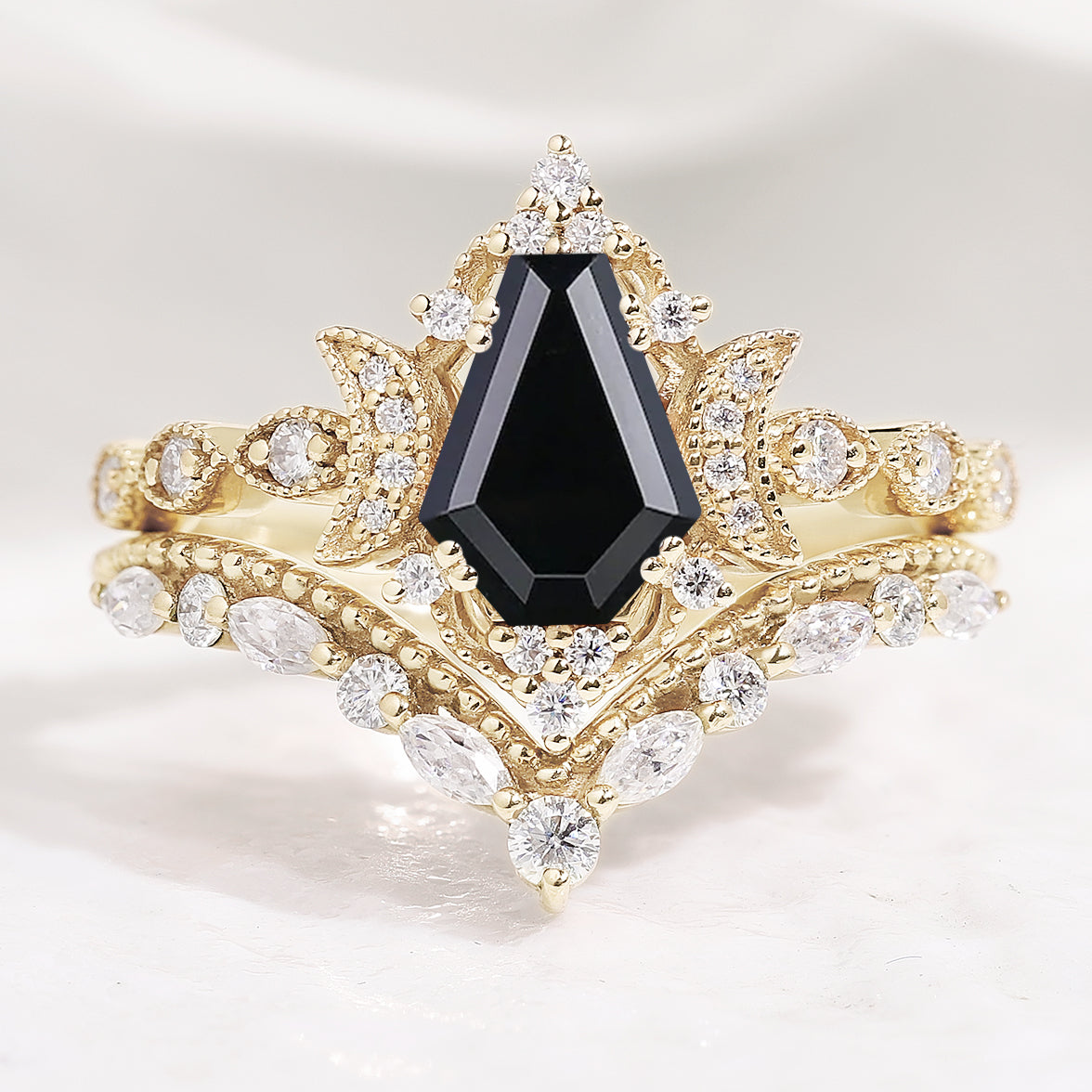 Unique Moon Design Coffin Cut Black Onyx Engagement Ring Set 2pcs In Yellow Gold