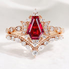 Coffin Cut Ruby Engagement Ring Bridal Set