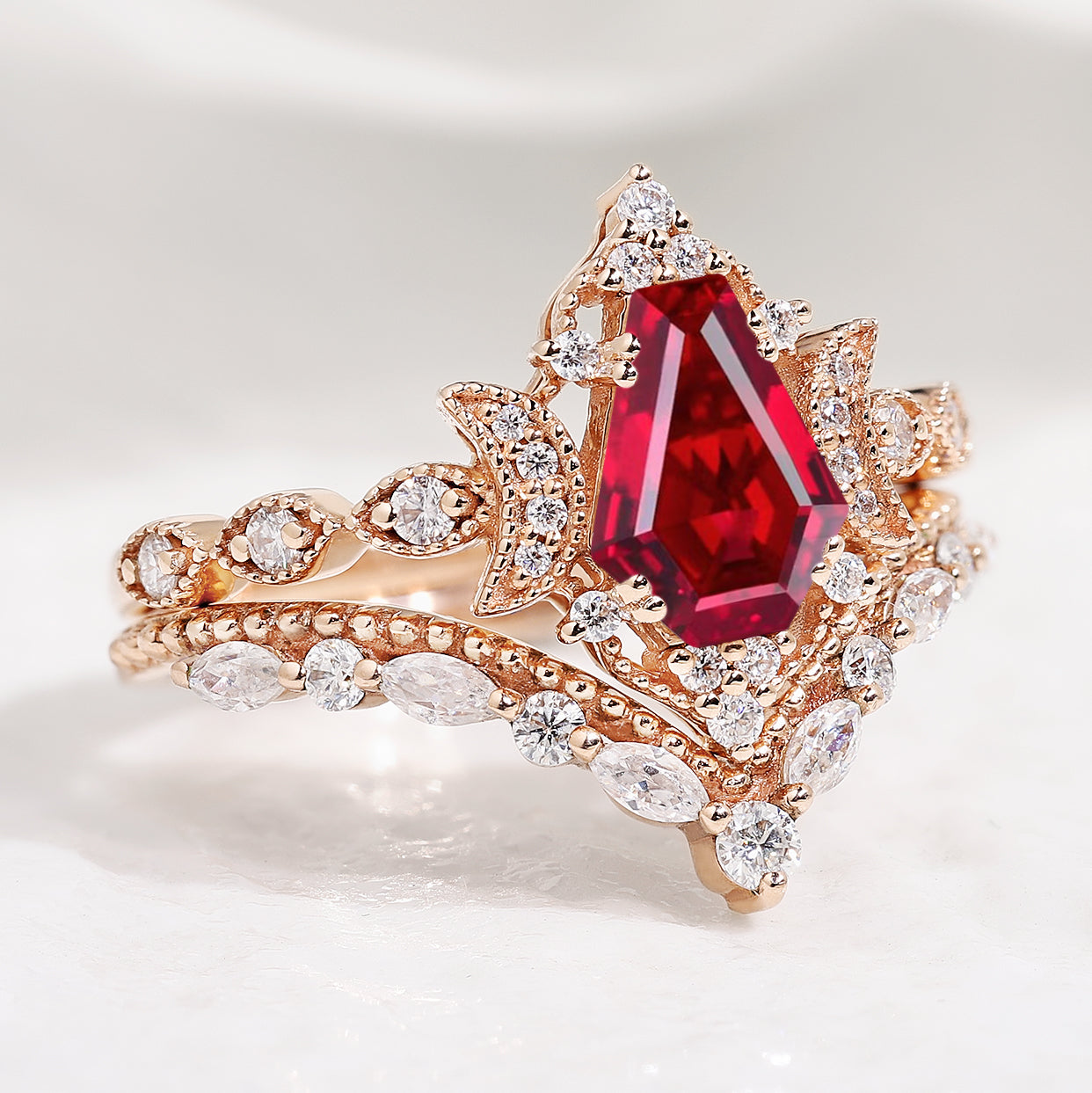 Rose Gold Ruby Bridal Set with Unique Leaf Design