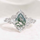 Nature Inspired Pear Cut Moss Agate Leafy Engagement Ring