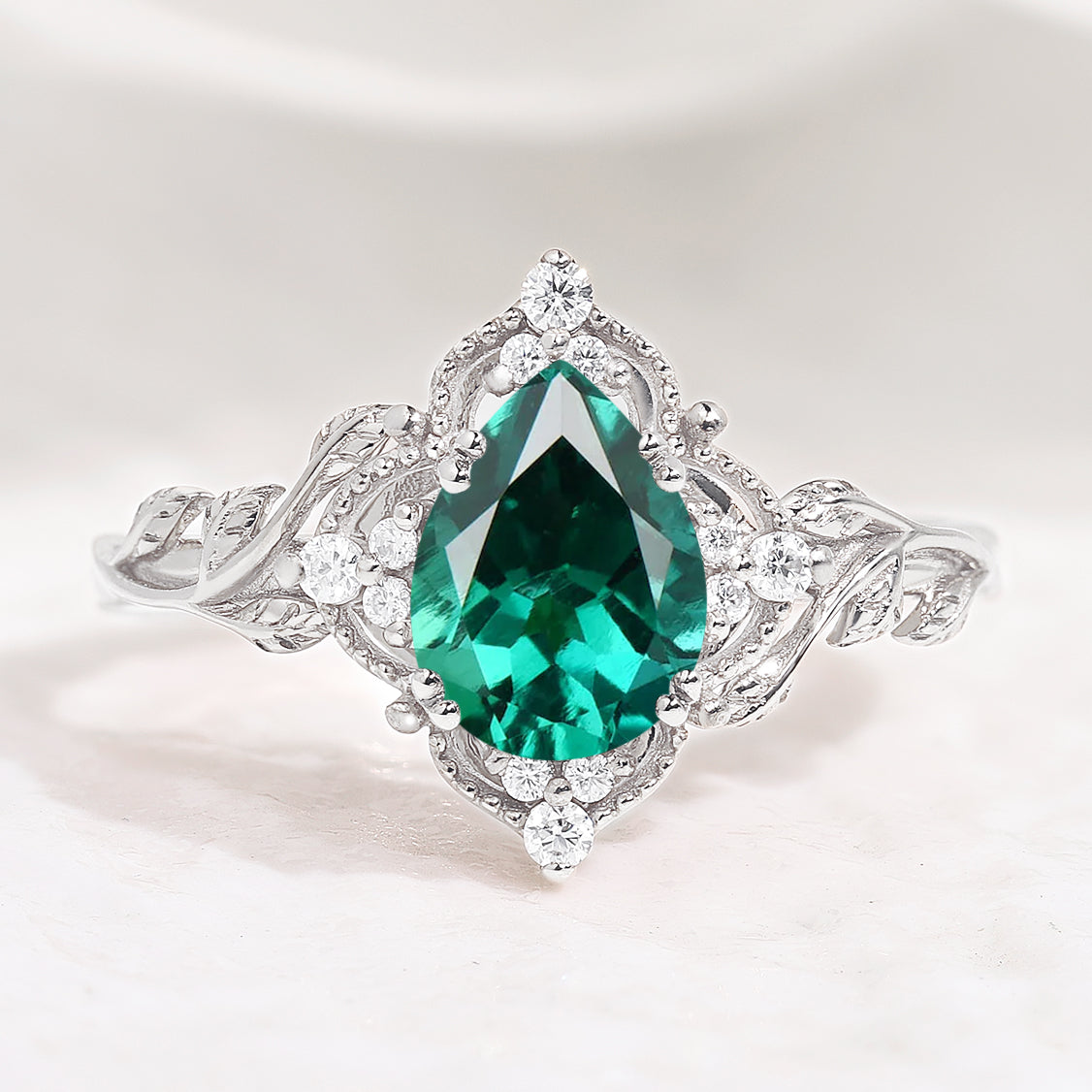 Nature Inspired Leaf Engagement Ring Pear Cut Lab Emerald Ring In White Gold