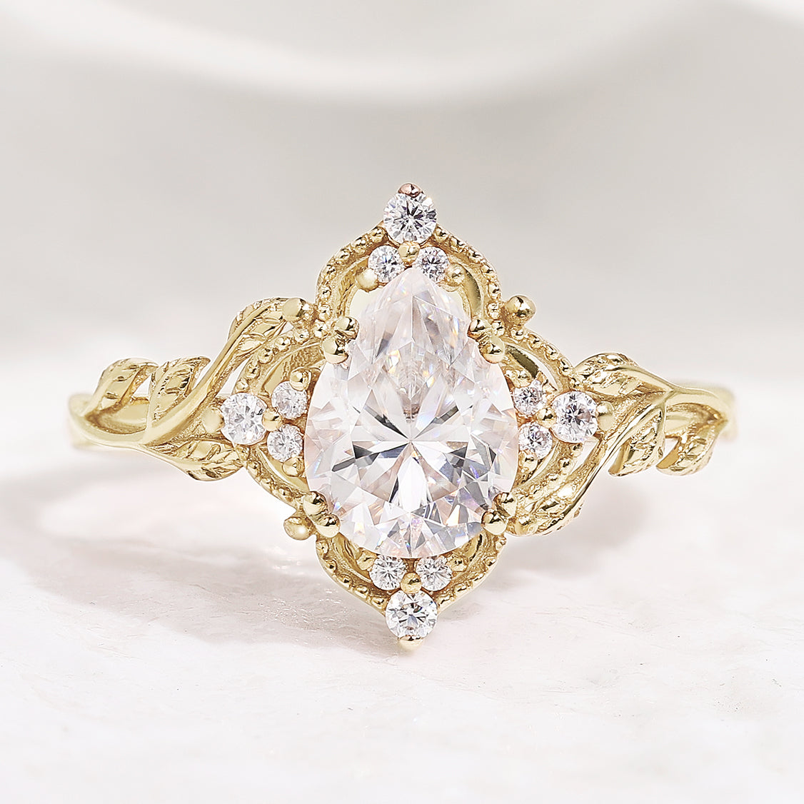 Nature Inspired Leaf Shaped Moissanite Wedding Ring In Yellow Gold