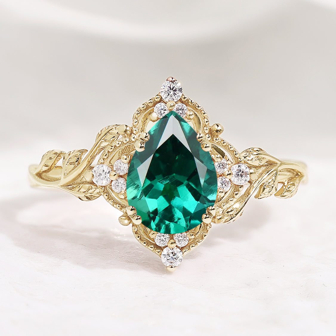 Nature Inspired Leaf Engagement Ring Pear Cut Lab Emerald Ring In Yellow Gold