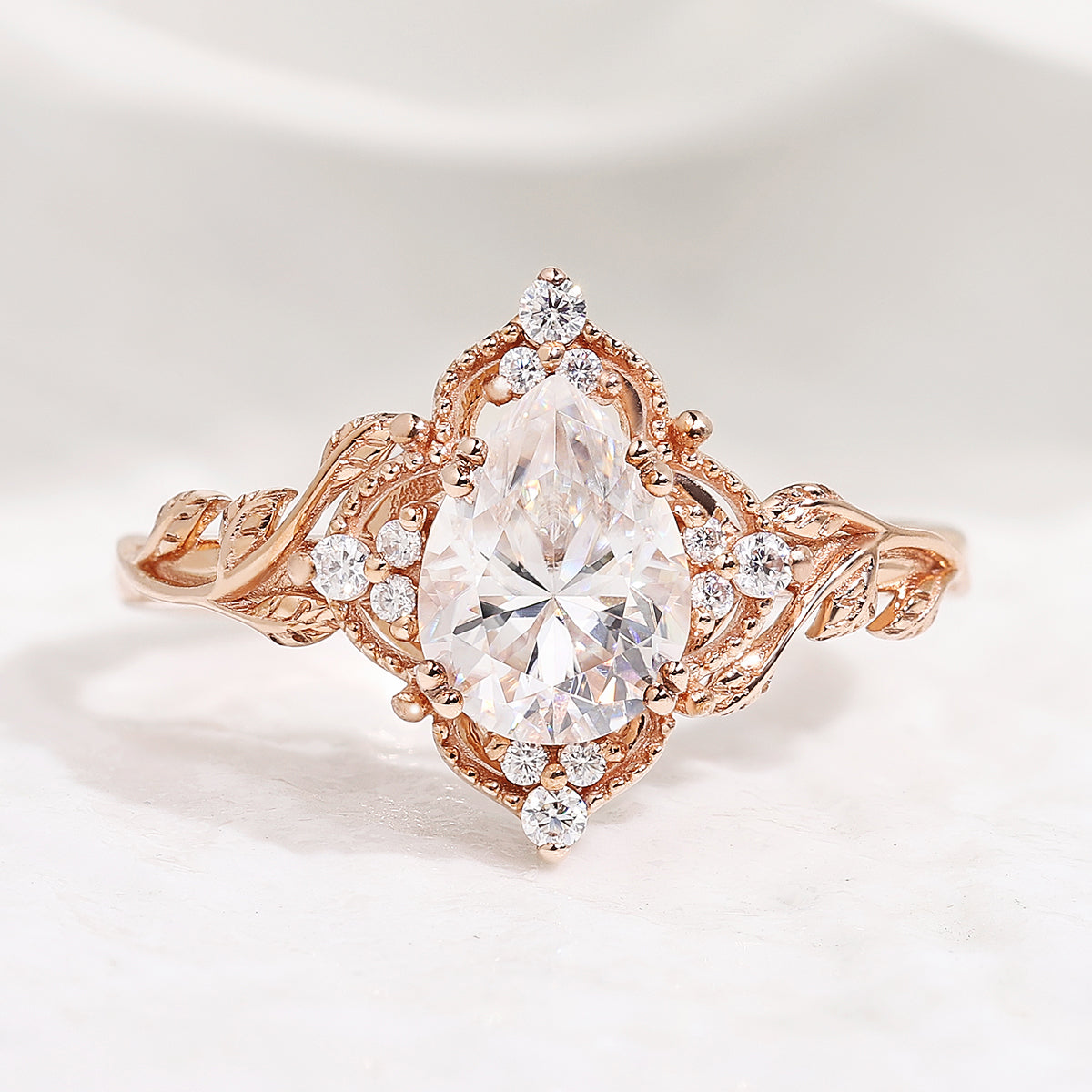 Nature Inspired Leaf Shaped Moissanite Wedding Ring In Rose Gold