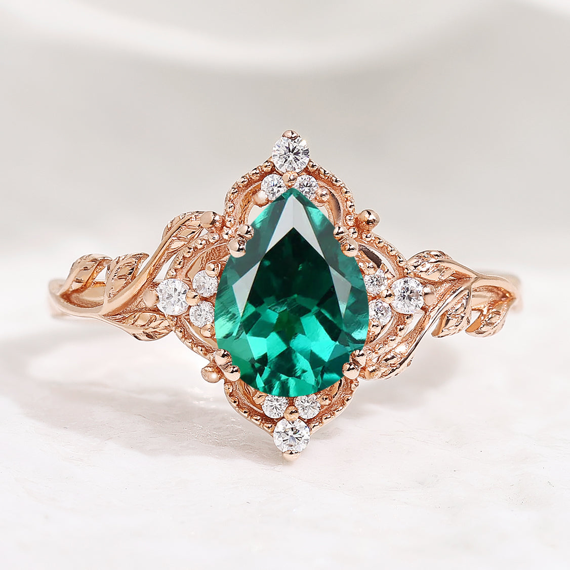 Nature Inspired Leaf Engagement Ring Pear Cut Lab Emerald Ring In Rose Gold