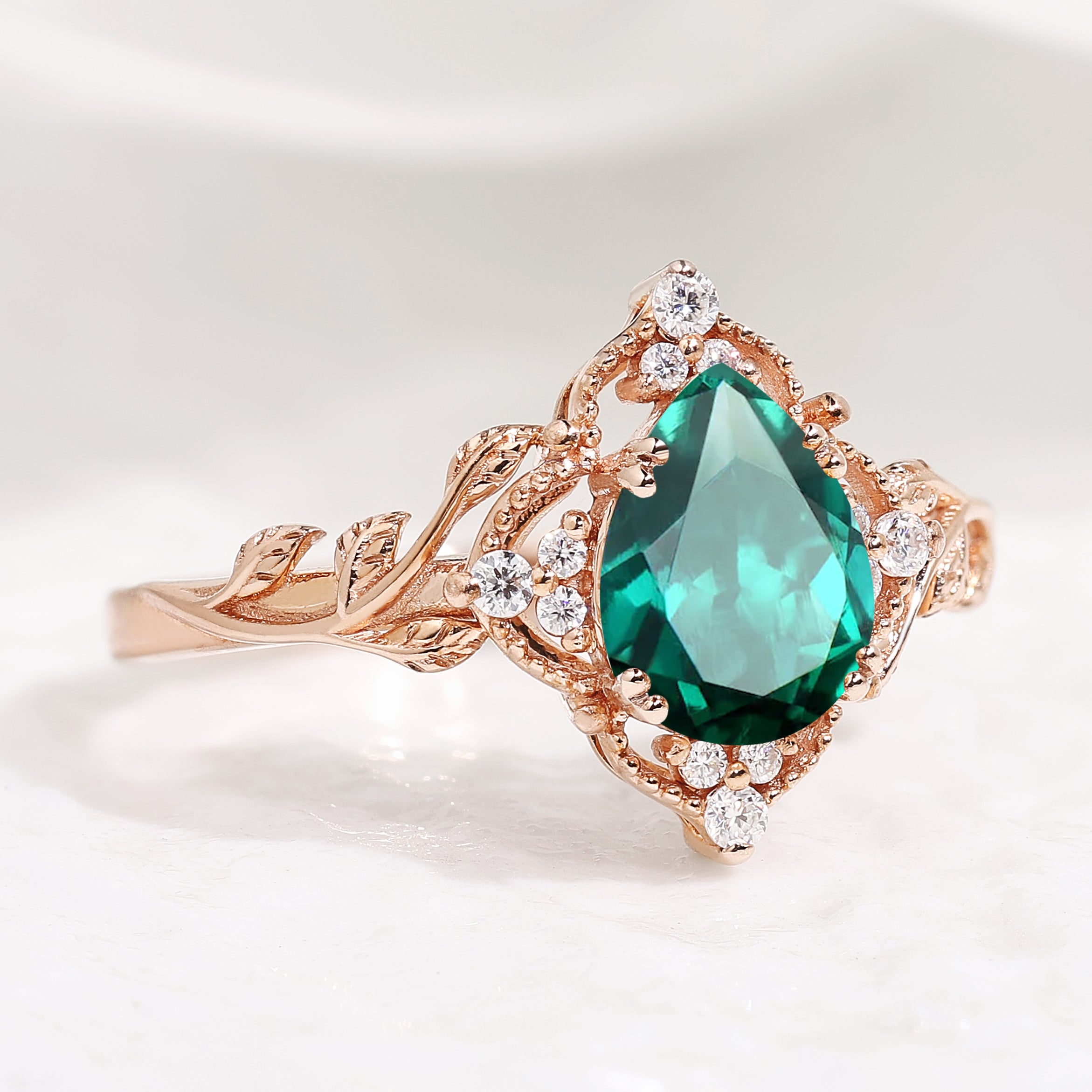 Nature Inspired Leaf Engagement Ring Pear Cut Lab Emerald Ring In Rose Gold