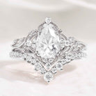 Nature Inspired Leafy Moissanite Engagement Ring Set V Shaped Curved Wedding Band