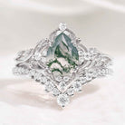 Nature Inspired Moss Agate Leaf Engagement Ring Set Chevron Wedding Band 2pcs