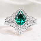 10K Nature Inspired Pear Cut Lab Emerald Leaf Engagement Ring Set 2pcs