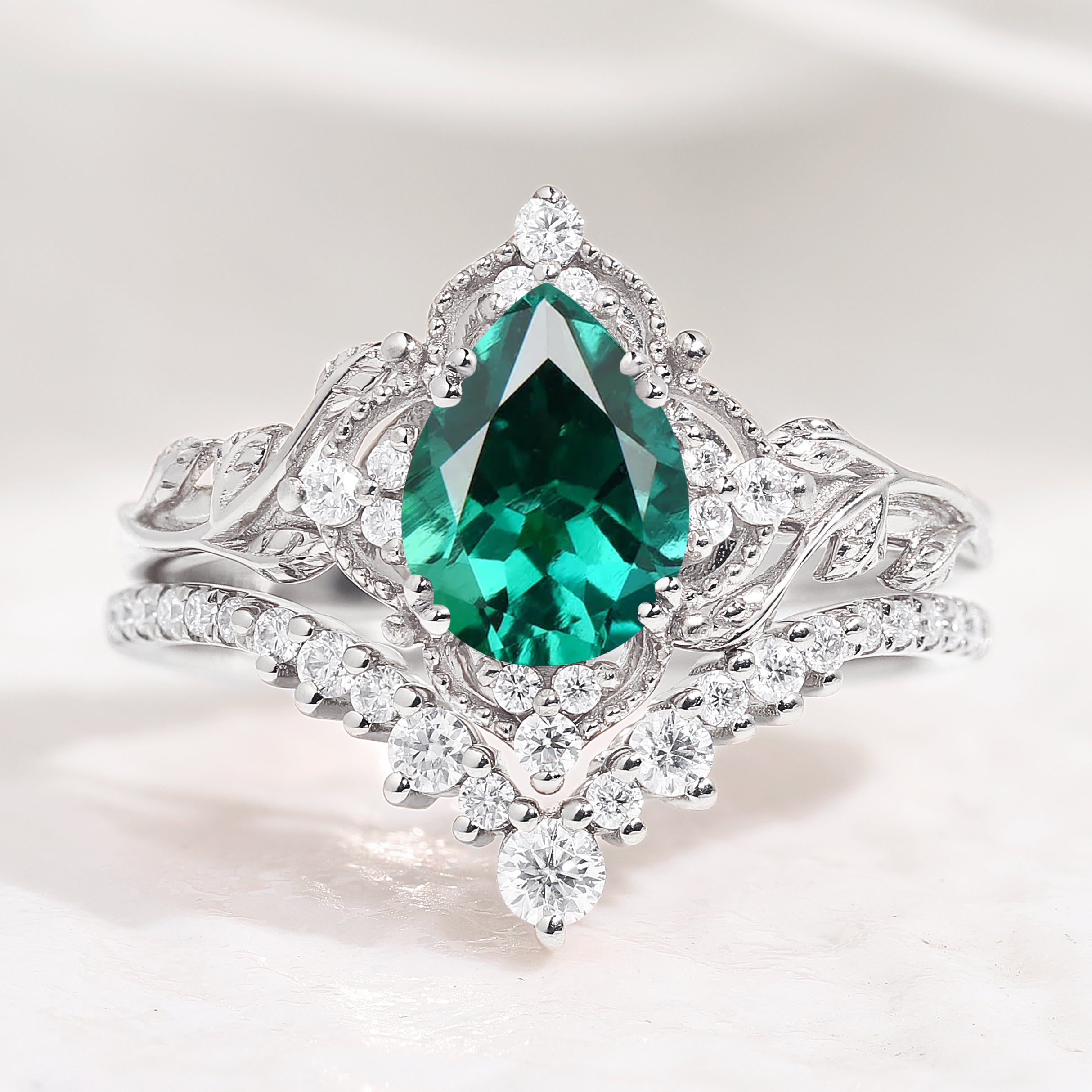 Nature Inspired Pear Cut Lab Emerald Leaf Engagement Ring Set 2pcs In White Gold