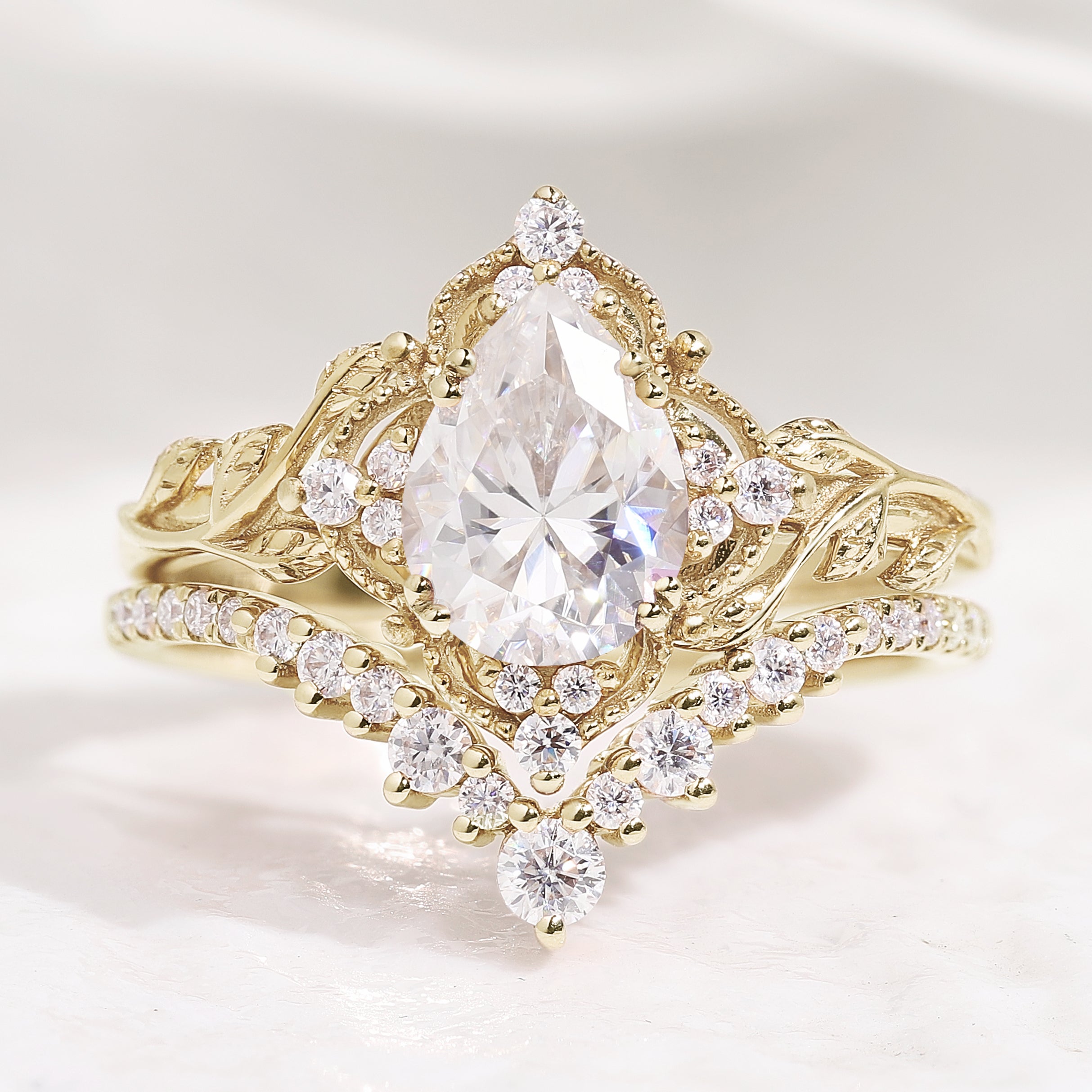 Nature Inspired Leafy Moissanite Engagement Ring Set V Shaped Curved Wedding Band In Yellow Gold