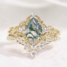 Nature Inspired Moss Agate Leaf Engagement Ring Set Chevron Wedding Band 2pcs