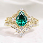 10K Nature Inspired Pear Cut Lab Emerald Leaf Engagement Ring Set 2pcs