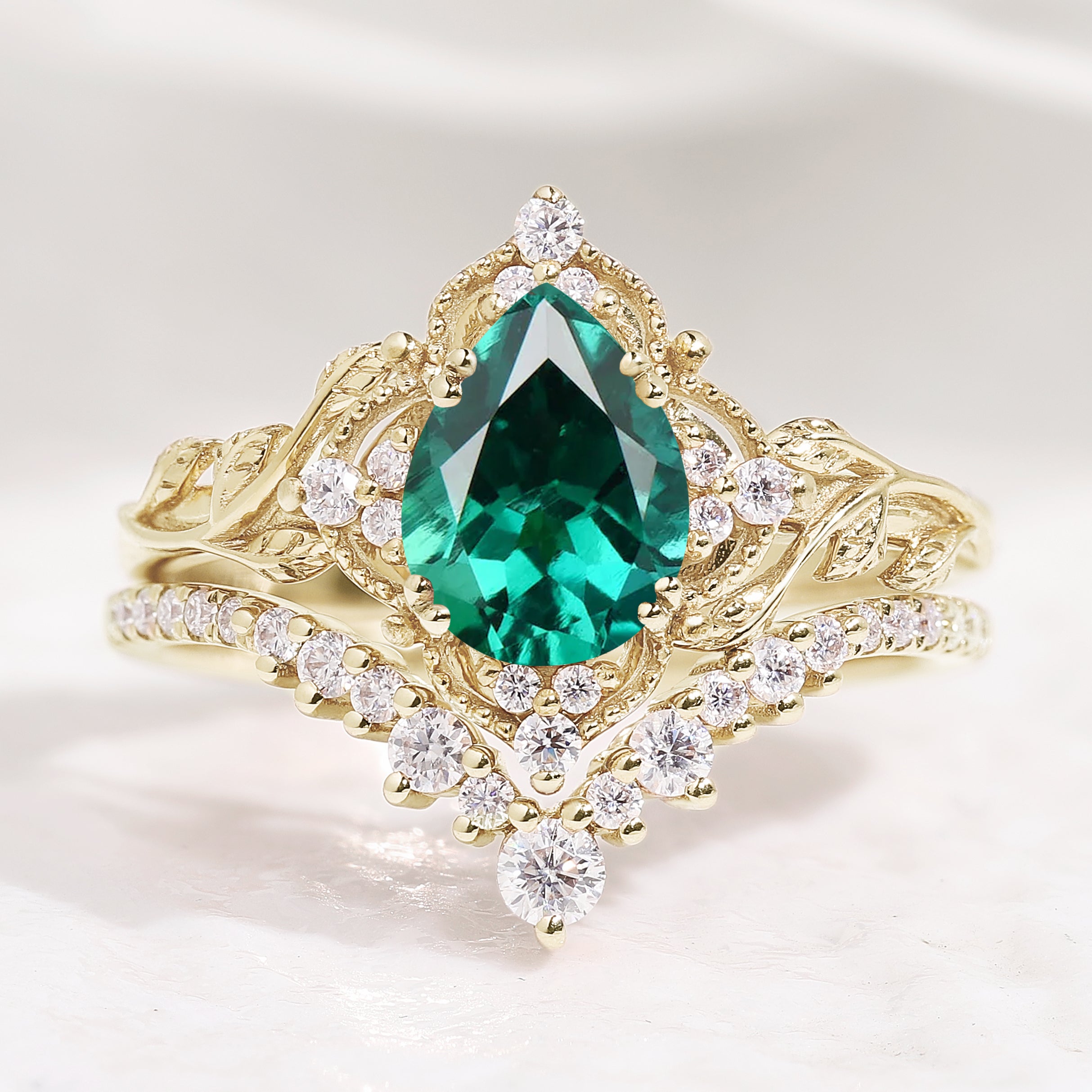 Nature Inspired Pear Cut Lab Emerald Leaf Engagement Ring Set 2pcs In Yellow Gold