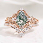 Nature Inspired Moss Agate Leaf Engagement Ring Set Chevron Wedding Band 2pcs