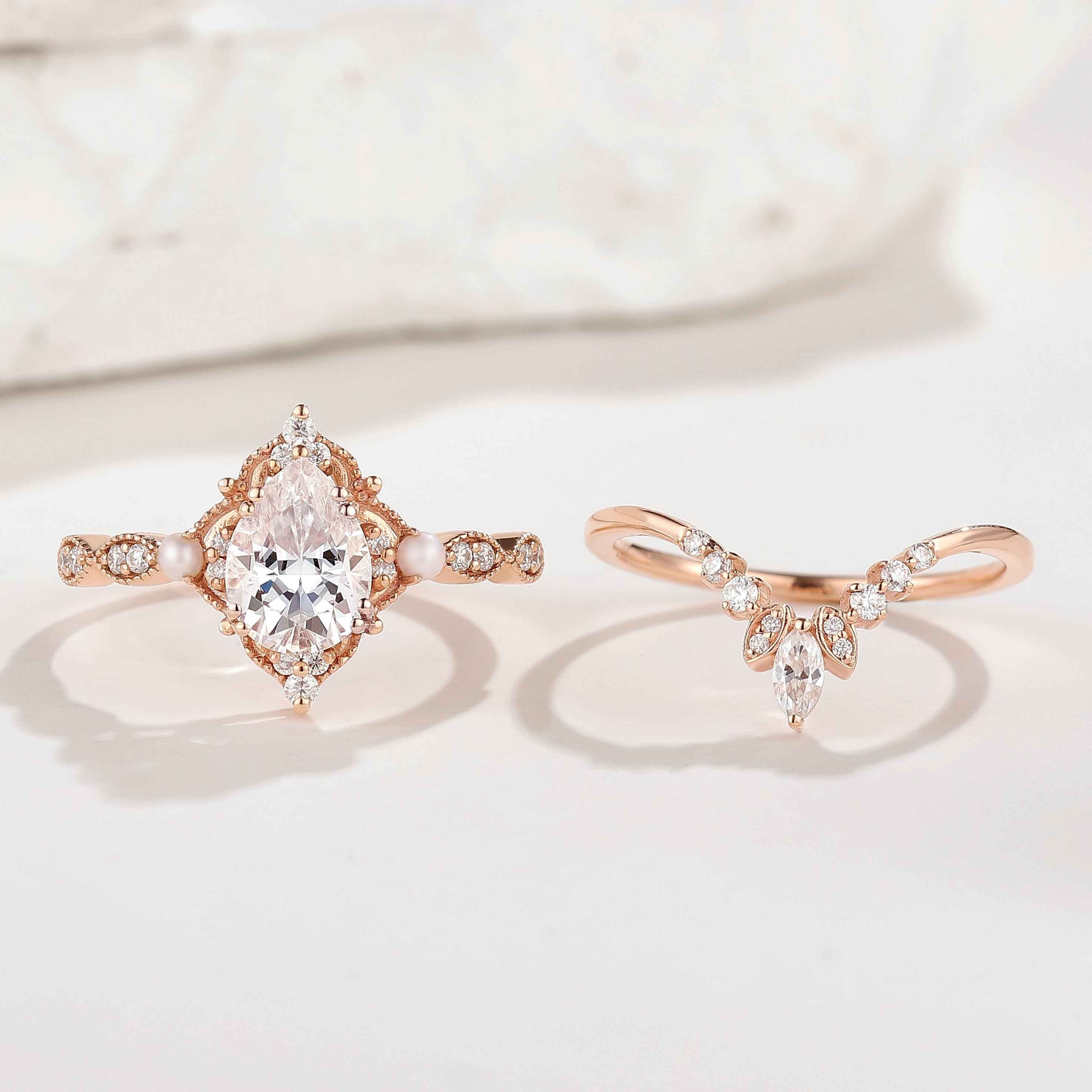 Vintage Pearl and Moissanite Engagement Ring Set Moissanite Cluster Wedding Band