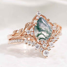 Nature Inspired Moss Agate Leaf Engagement Ring Set Chevron Wedding Band 2pcs