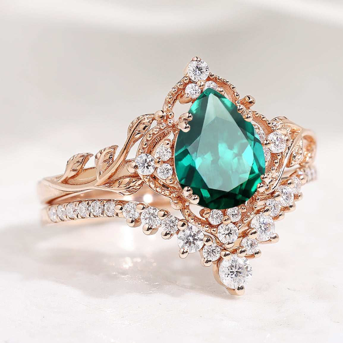 Nature Inspired Pear Cut Lab Emerald Leaf Engagement Ring Set 2pcs