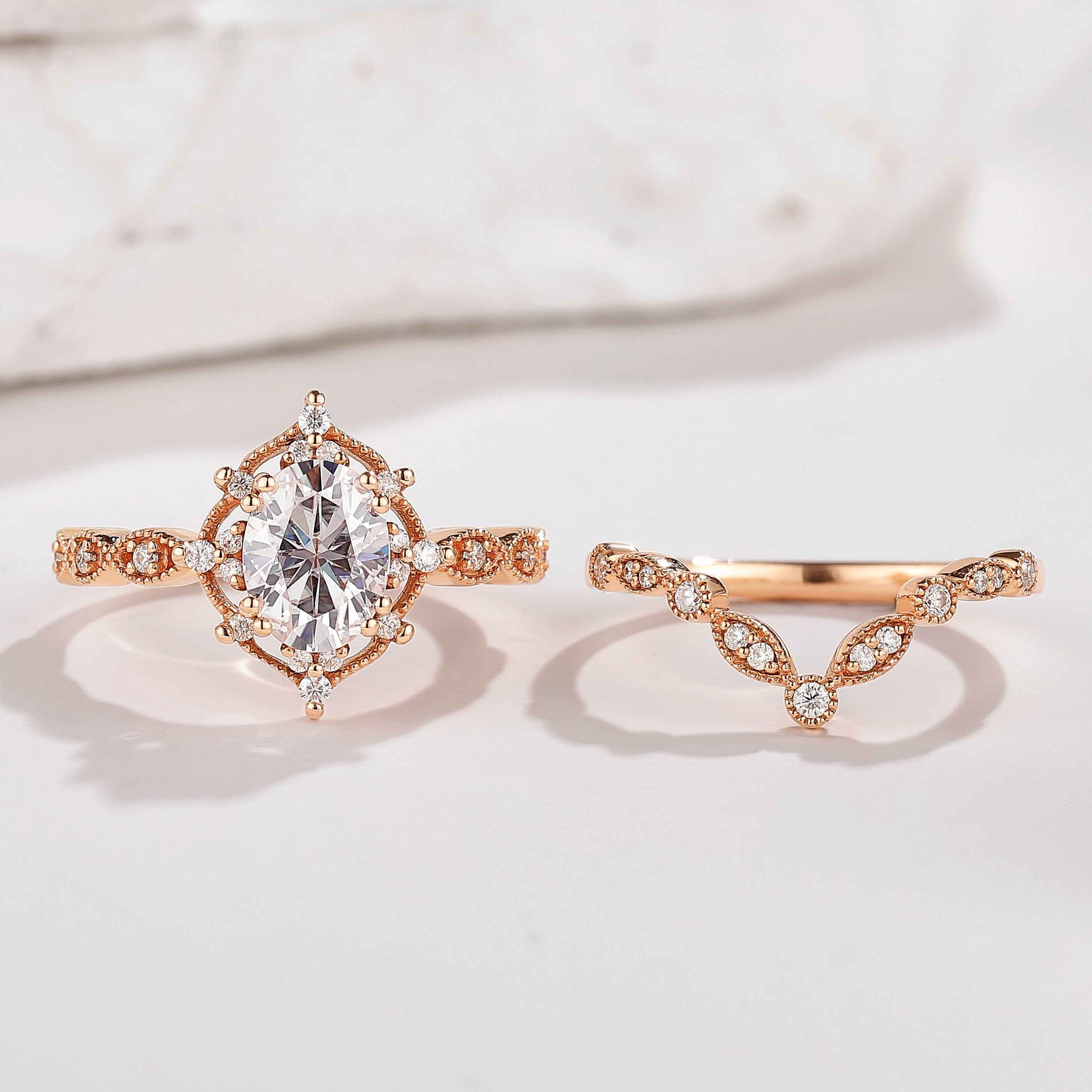 Oval Rose Gold Moissanite Crown Engagement Ring Promise Bridal Ring Set