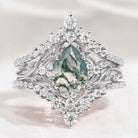 Nature Moss Agate Leaf Engagement Ring Set Chevron Wedding Bands 3pcs