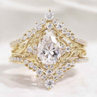 Nature Inspired Leaf Pear Cut Engagement Ring Set 3pcs