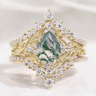 Nature Moss Agate Leaf Engagement Ring Set Chevron Wedding Bands 3pcs