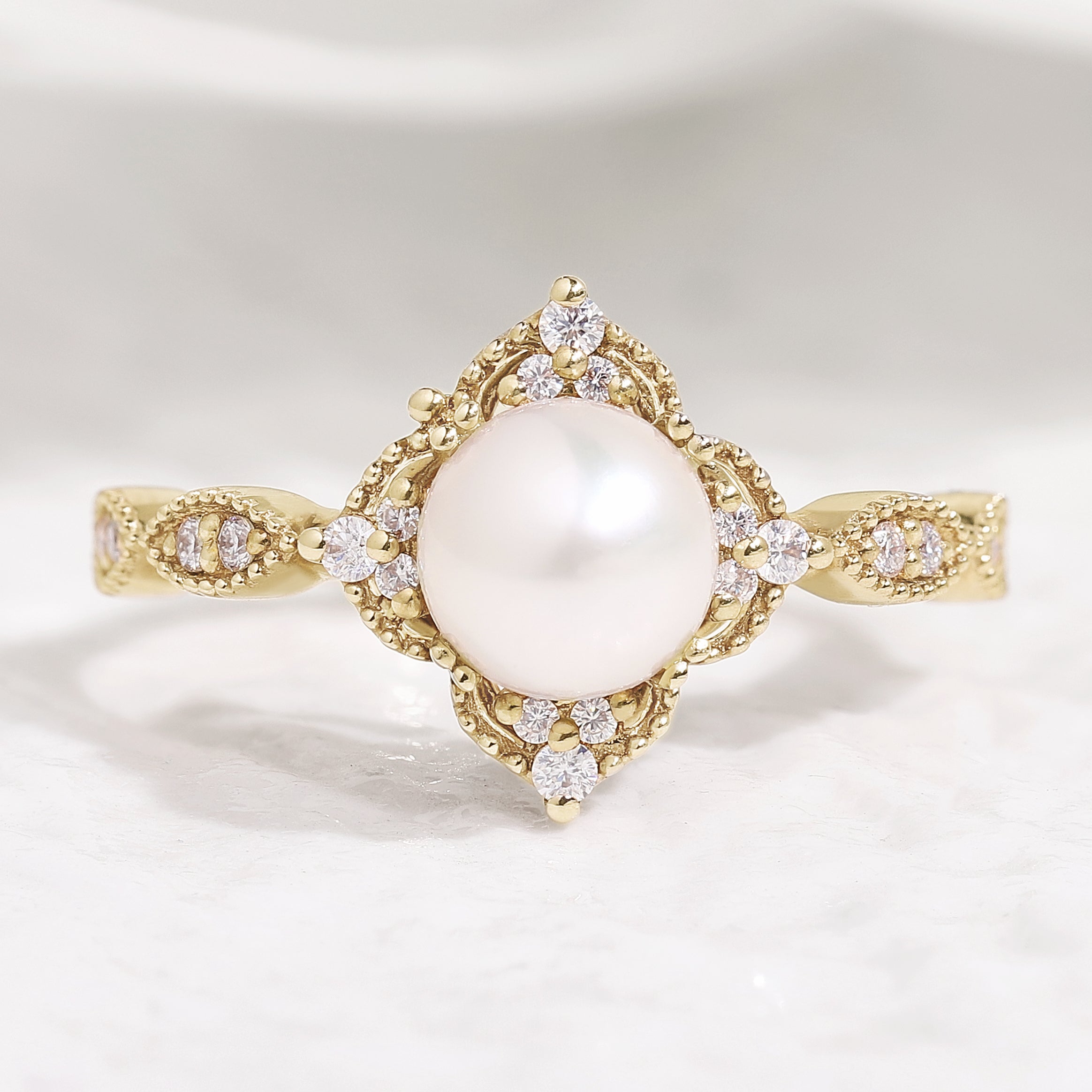 Vintage Akoya Pearl Engagement Ring Moissanite Cluster In Yellow Gold