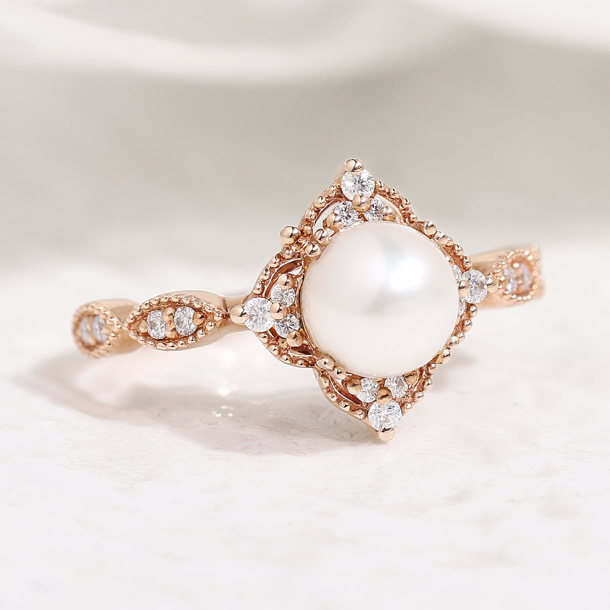 Vintage Akoya Pearl Engagement Ring Rose Gold Moissanite Cluster