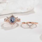 Unique Pear Shaped Alexandrite Engagement Ring Set Moissanite Cluster Wedding Band