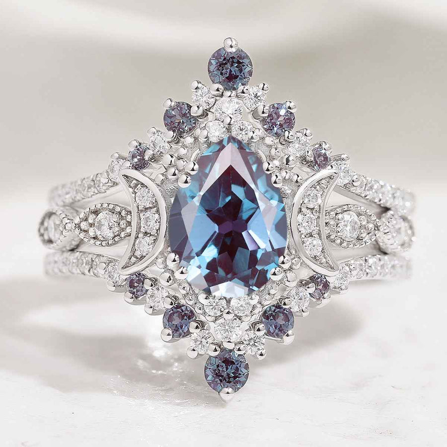Unique Design Moon Shaped Alexandrite Engagement Ring Set 3pcs