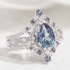 Unique Design Moon Shaped Alexandrite Engagement Ring Set 3pcs