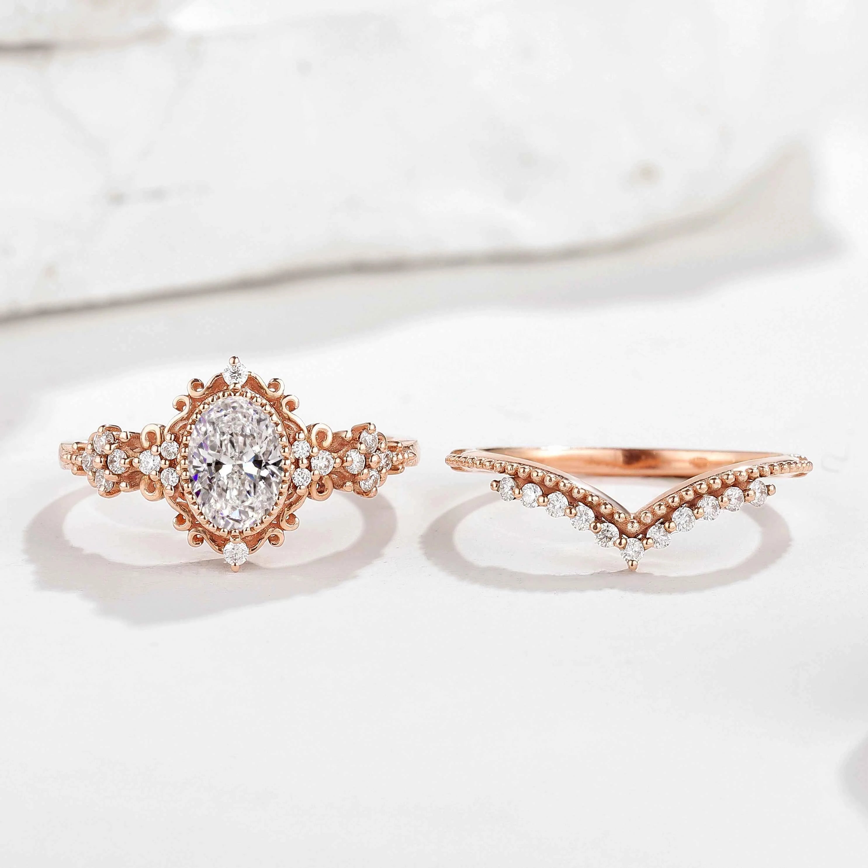 Signature Vintage Oval Cut 1.0ct Lab Diamond Engagement Bridal Set Rings