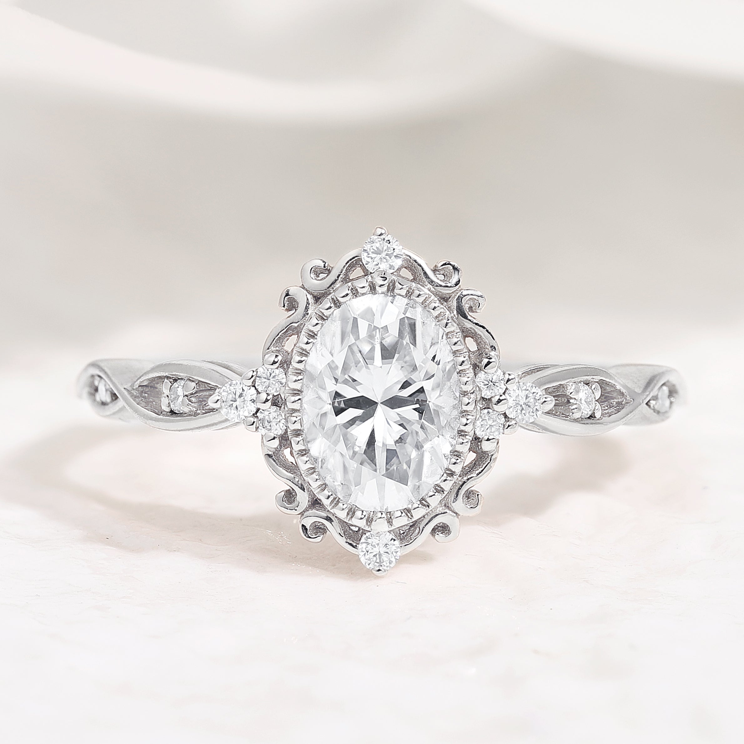 Signature Vintage Oval Shaped Moissanite Engagement Ring In White Gold