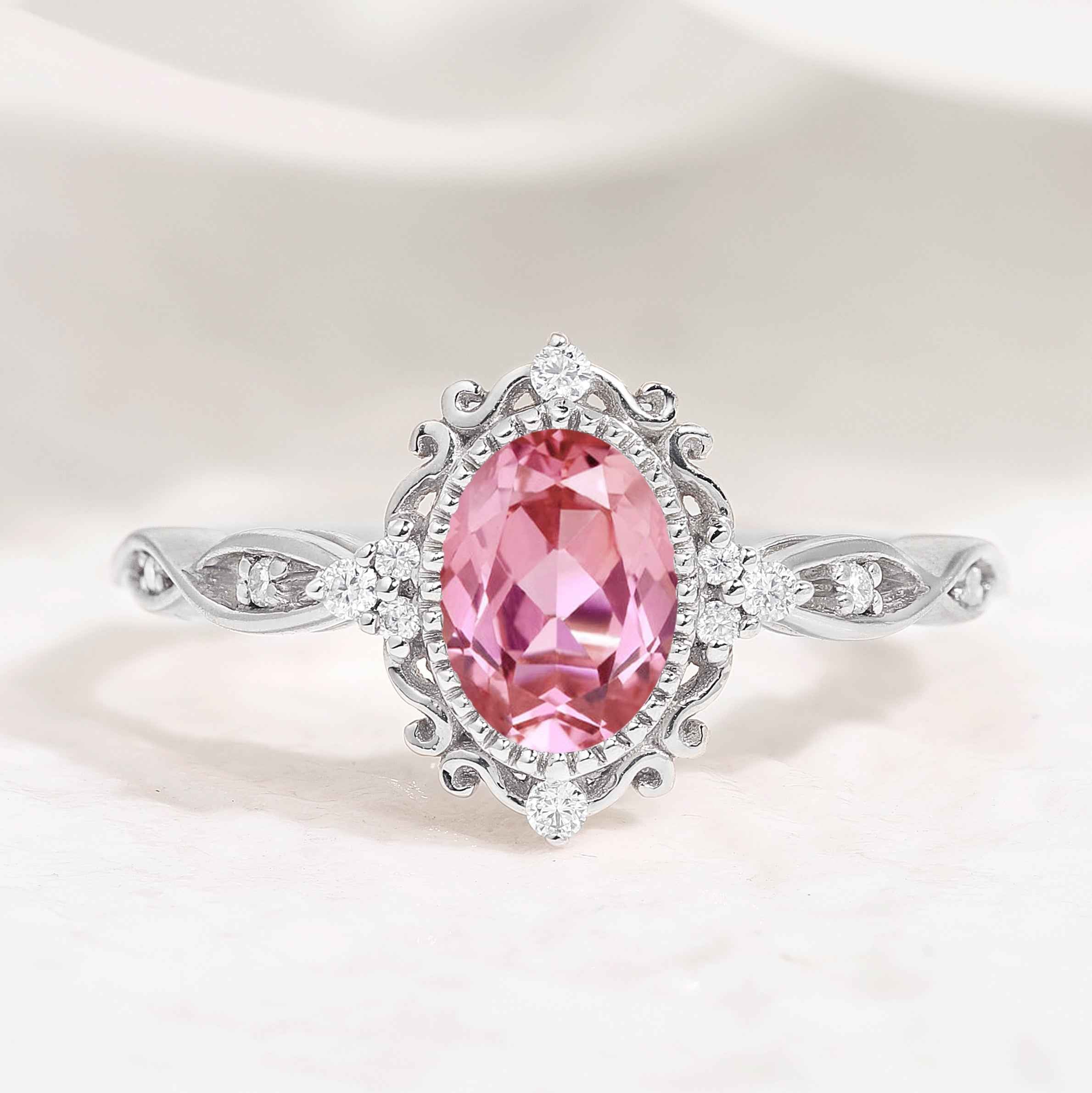 Signature Vintage Oval Cut Lab Pink Sapphire Engagement Ring