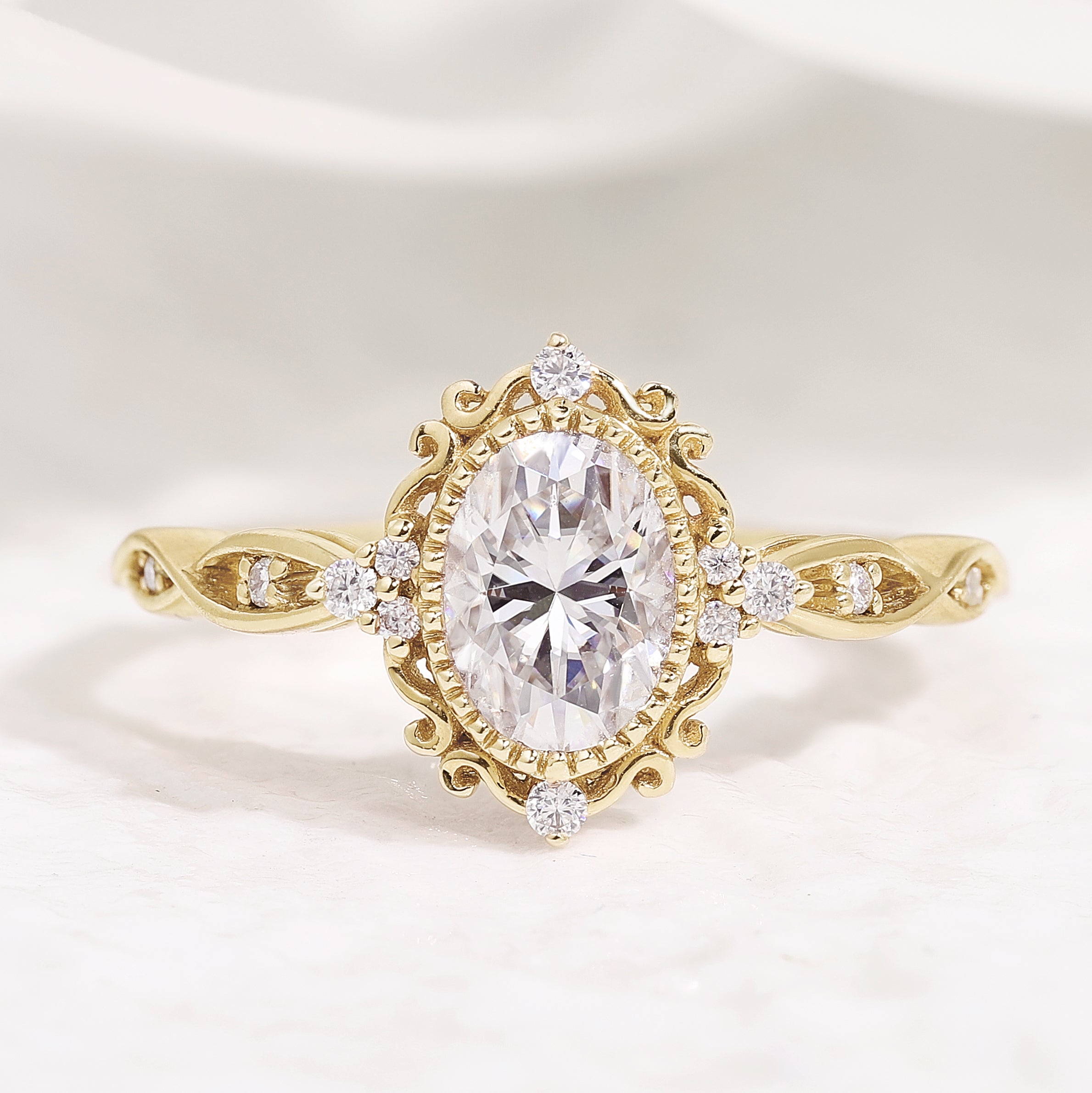 Signature Vintage Oval Shaped Moissanite Engagement Ring In Yellow Gold