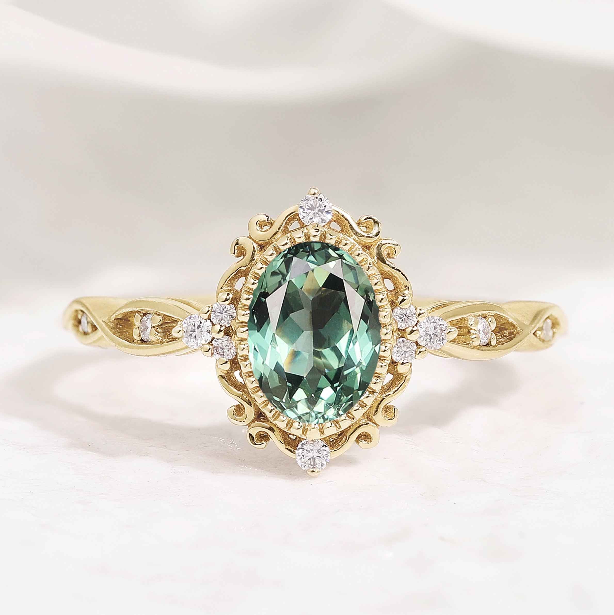 Signature Vintage Oval Cut Lab Green Sapphire Engagement Ring