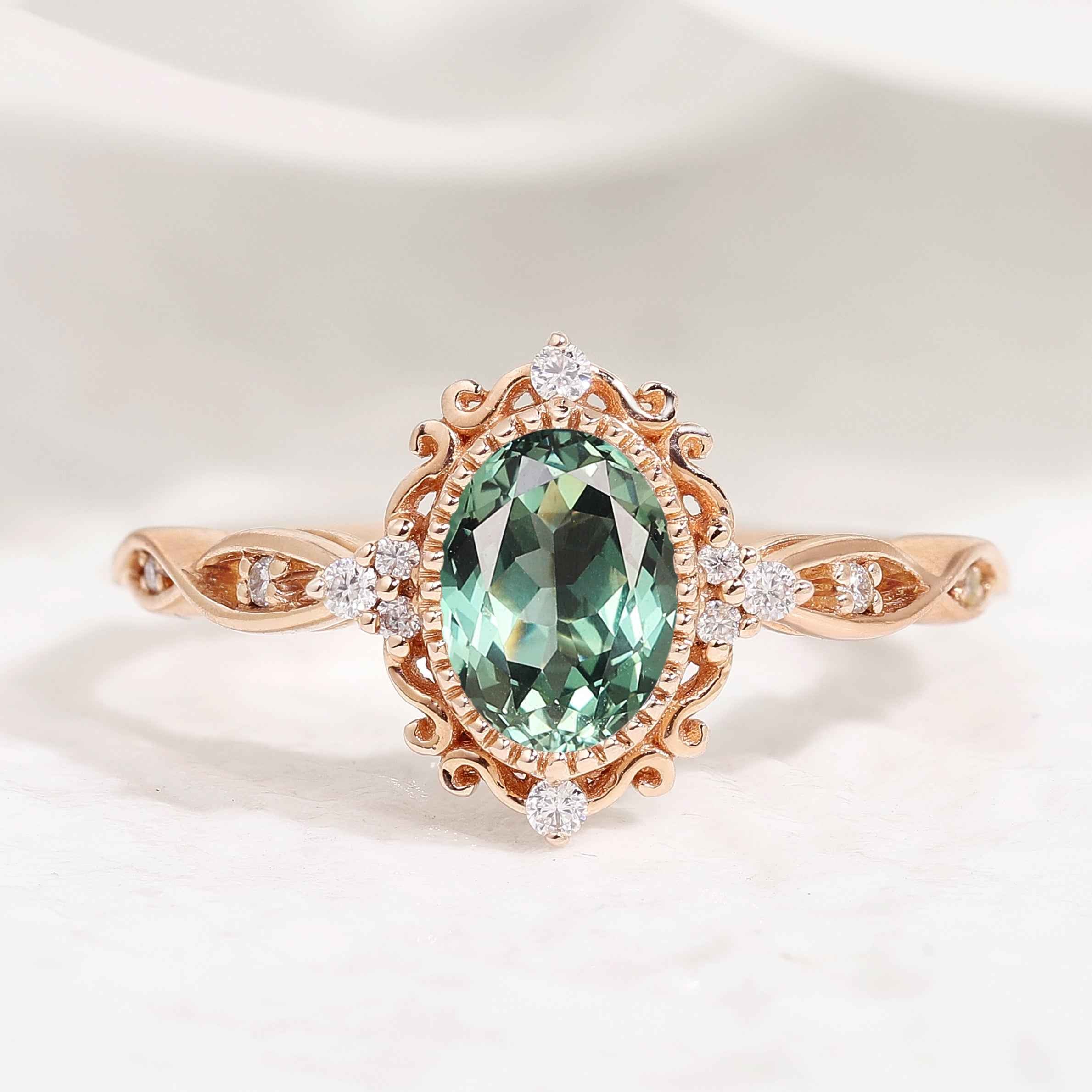 Signature Vintage Oval Cut Lab Green Sapphire Engagement Ring