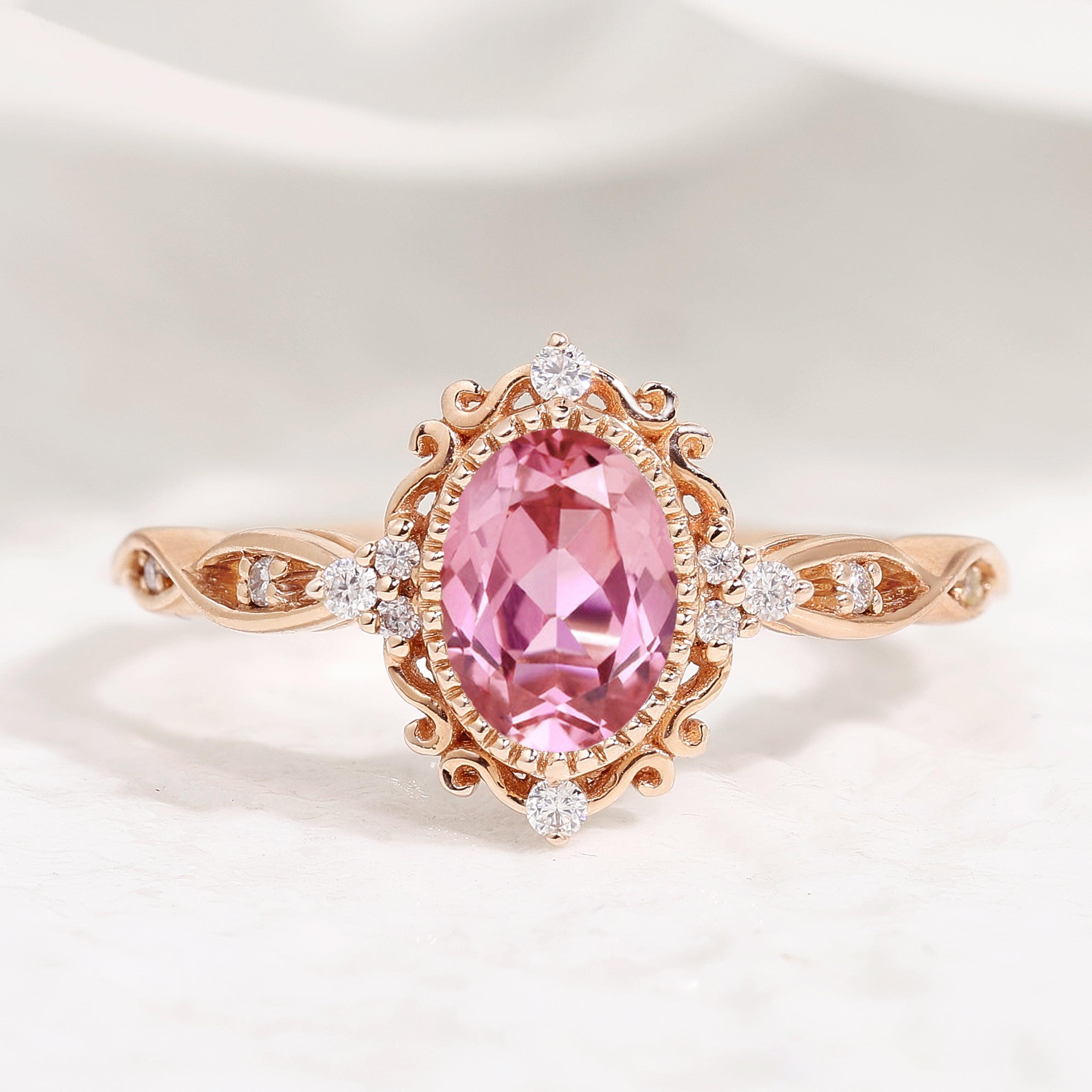 Signature Vintage Oval Cut Lab Pink Sapphire Engagement Ring