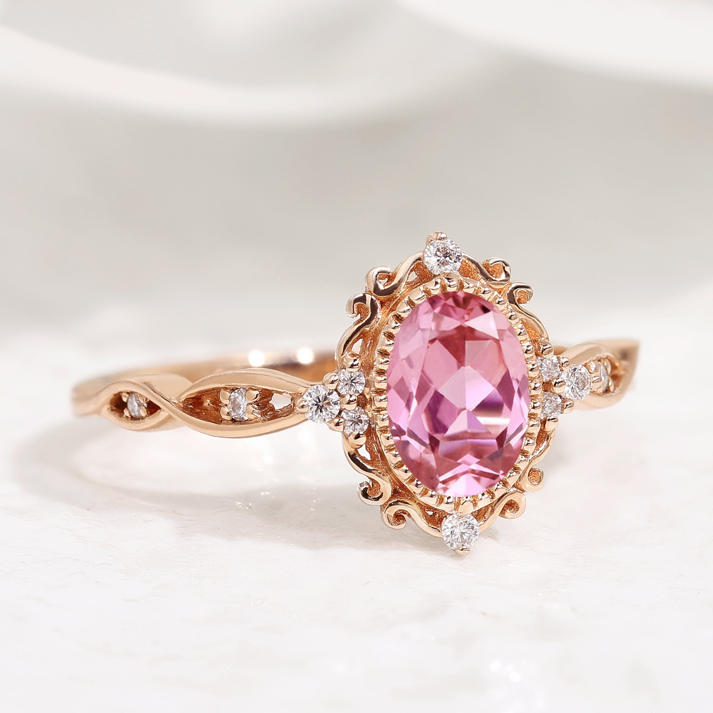 Signature Vintage Oval Cut Lab Pink Sapphire Engagement Ring