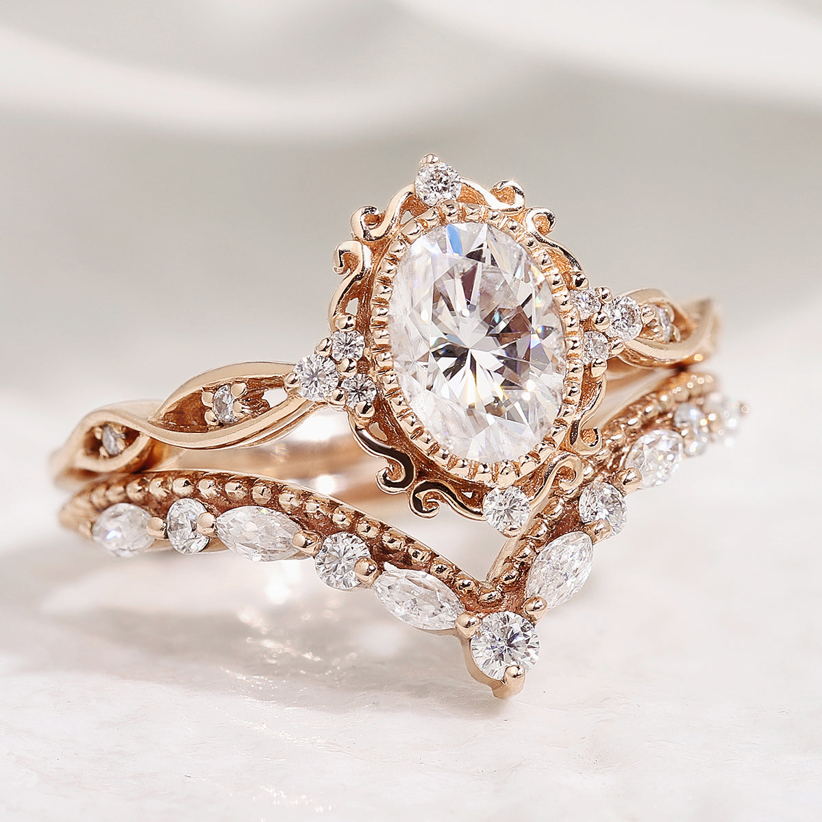 Vintage Oval Cut Moissanite Engagement Ring Set With Braided Stack Wedding Ring