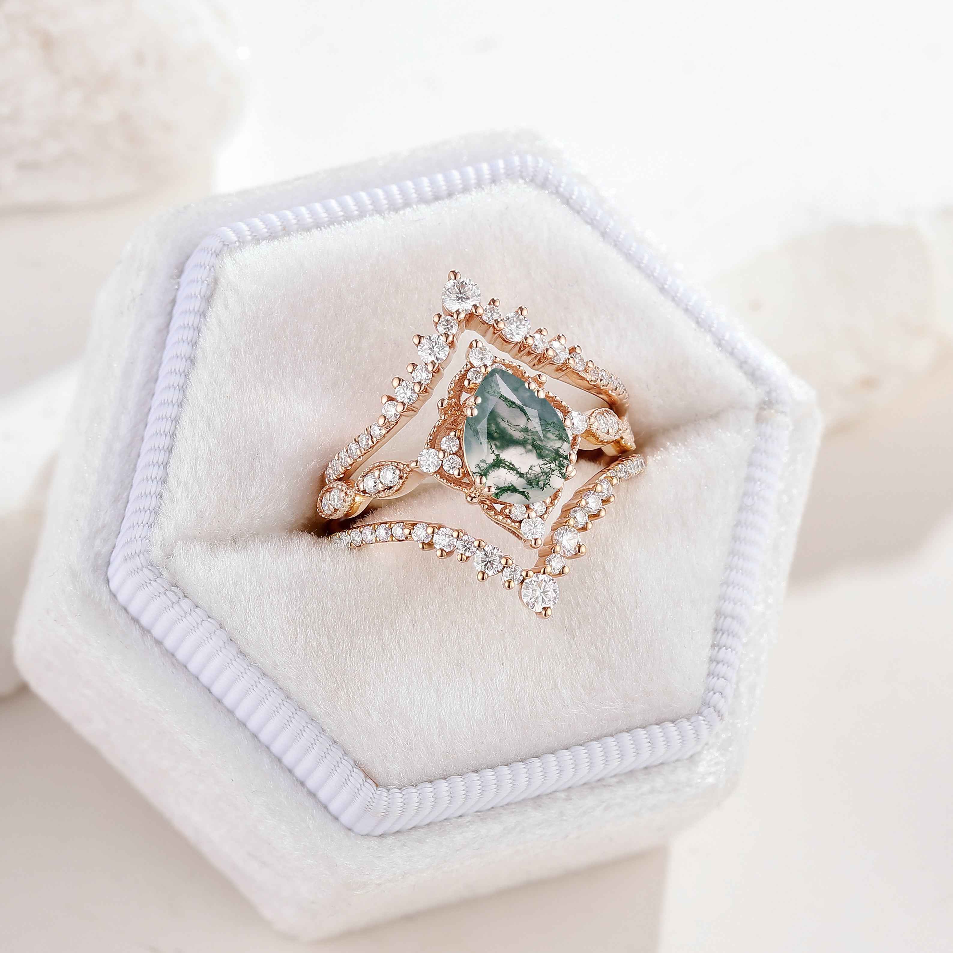 Vintage Pear Cut Moss Agate Engagement Ring Set Moissanite Wedding Bands 3pcs