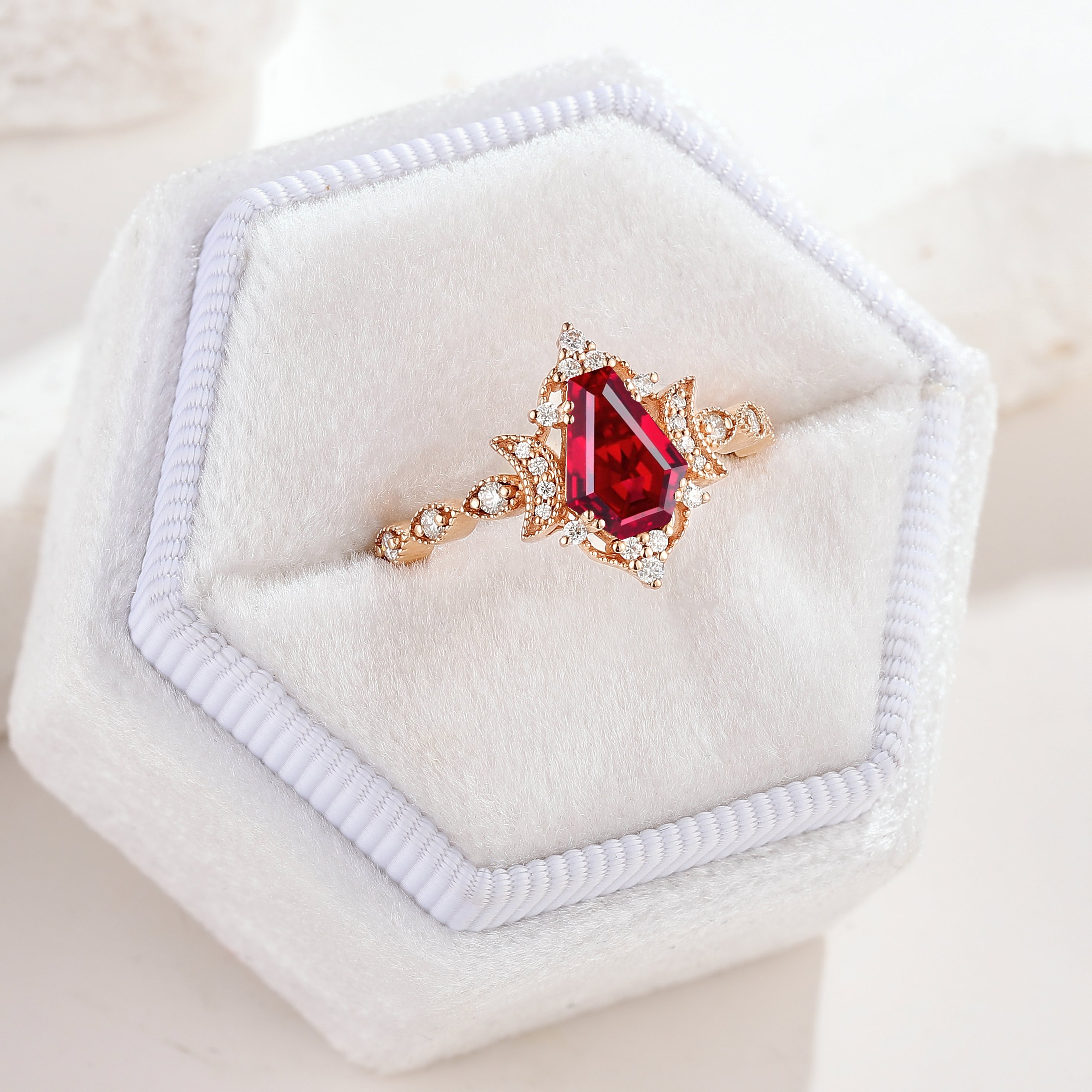 Unique Moon Design Coffin Cut Ruby Anniversary Ring In A White Ring Box