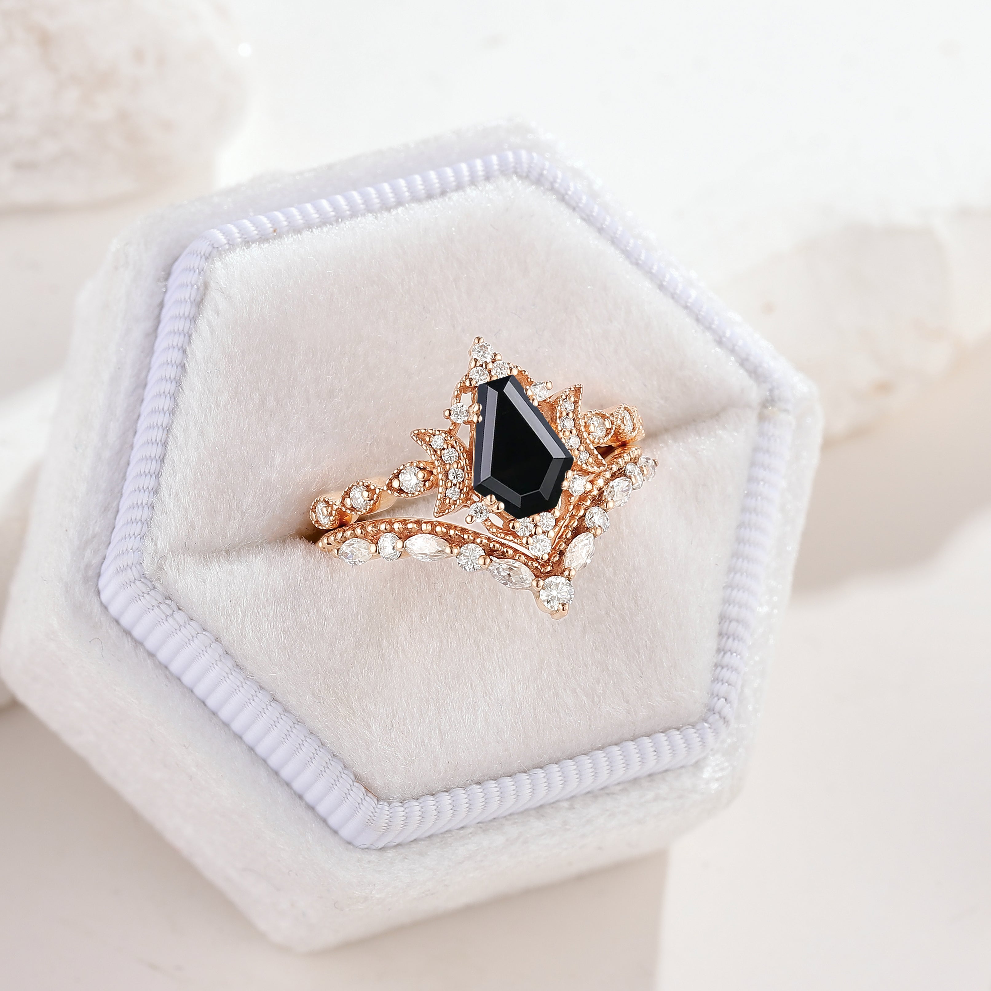 Unique Moon Design Coffin Cut Black Onyx Engagement Ring Set 2pcs In A White Ring Box