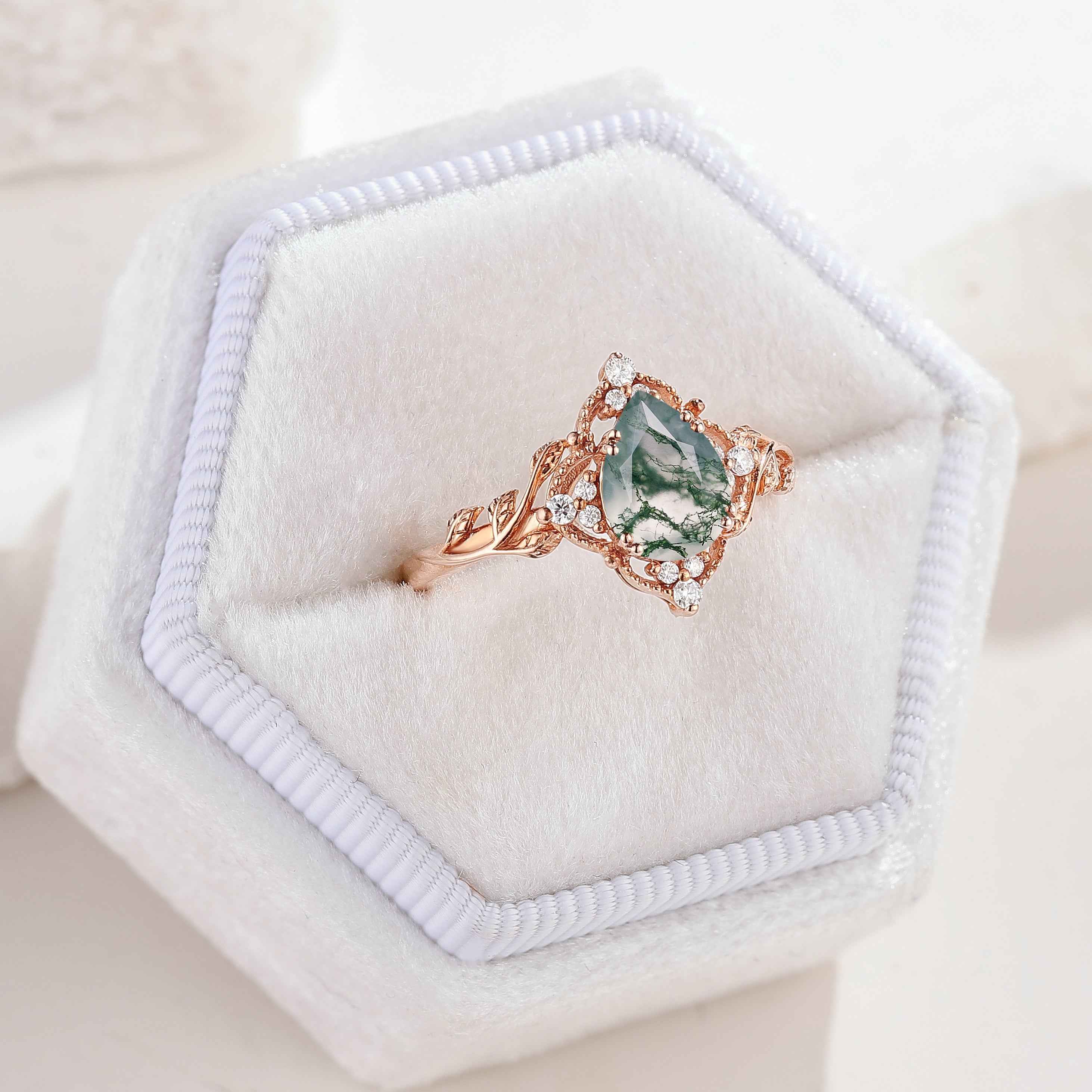 Nature Inspired Pear Cut Moss Agate Leafy Engagement Ring