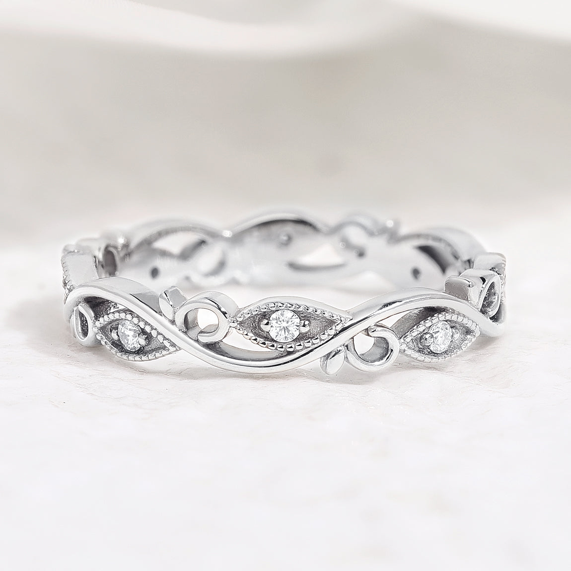 Unique Moissanite Straight Wedding Band Matching Rings Leaf Branch Ring In White Gold