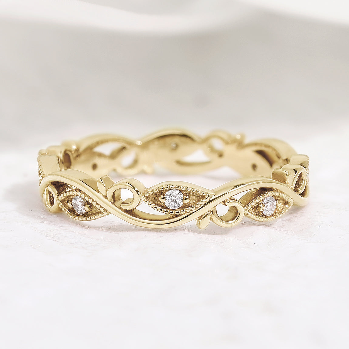 Unique Moissanite Straight Wedding Band Matching Rings Leaf Branch Ring In Yellow Gold