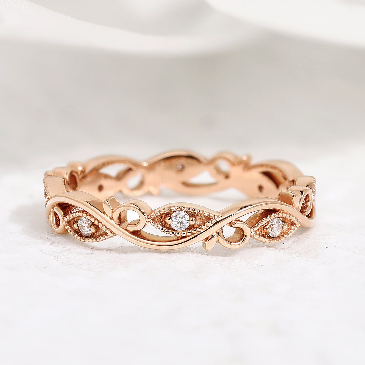 Unique Moissanite Straight Wedding Band Rose Gold Matching Rings Leaf Branch Ring