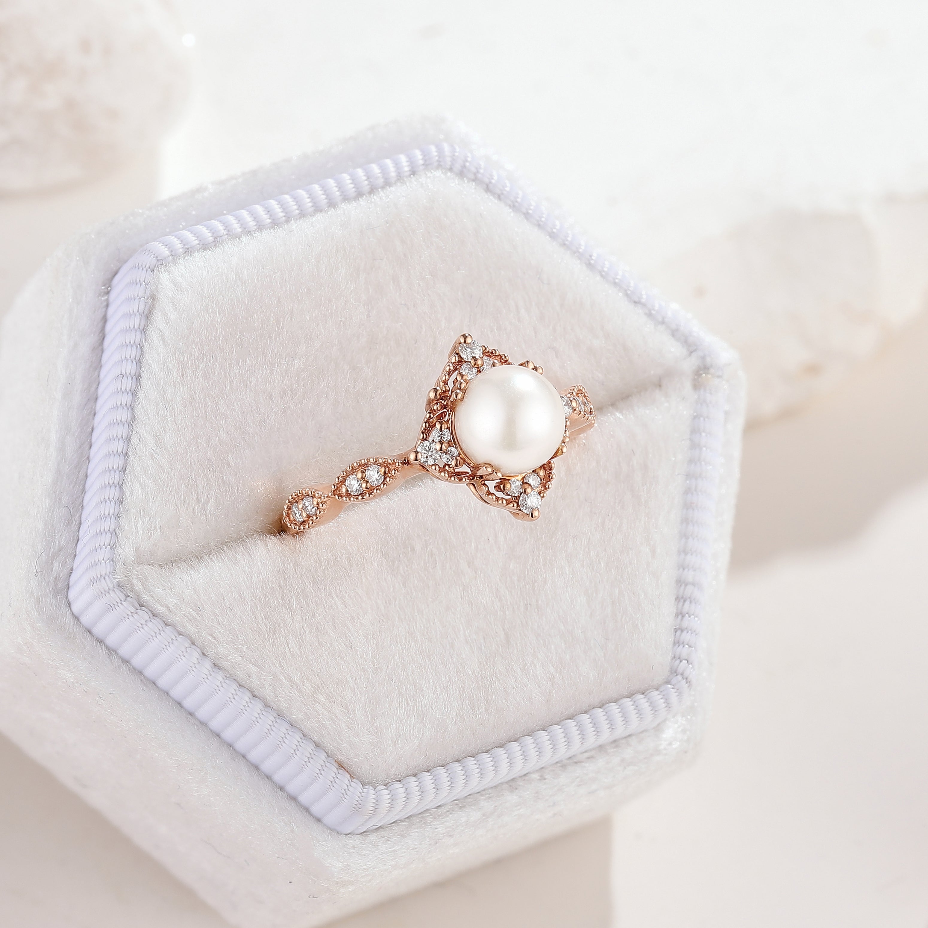 Vintage Akoya Pearl Engagement Ring Rose Gold Moissanite Cluster In A White Ring Box