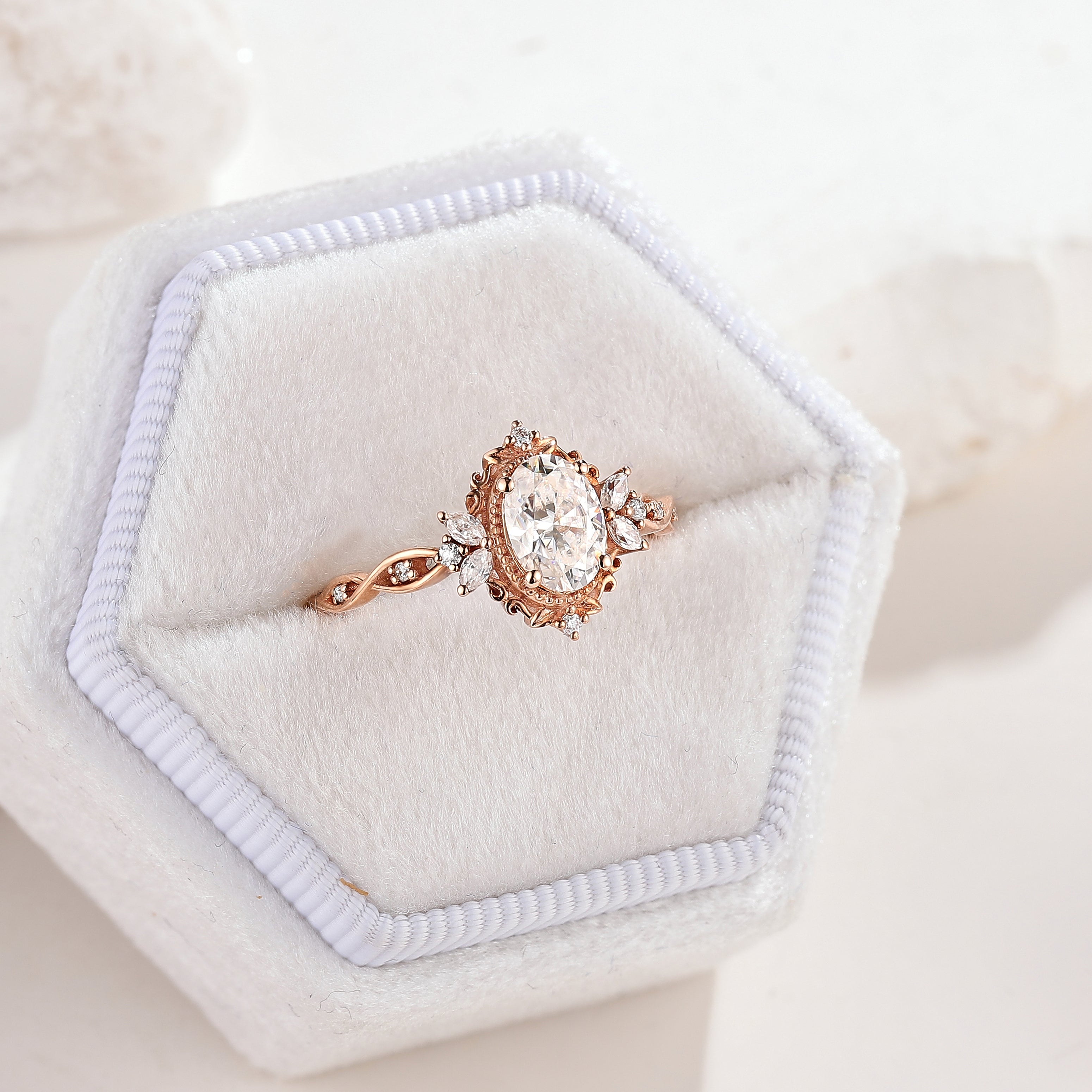 Art Deco Vintage Oval Moissanite Engagement Ring Rose Gold Promise Rings In White Ring Box